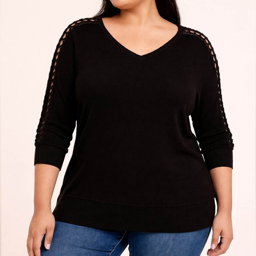 Lane Bryant Black 3/4 Sleeve Sweater with Cut out Details